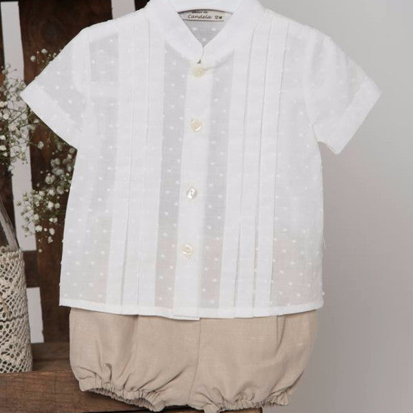 Conjunto niño bebé de blusa manga corta y cubre en beige de Atelier.