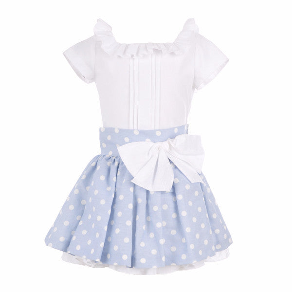 Conjunto niña de blusa y falda de lunares celeste de La Ormiga.