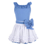 Conjunto niña blusa azul y falda blanca con bodoques azules de La Ormiga