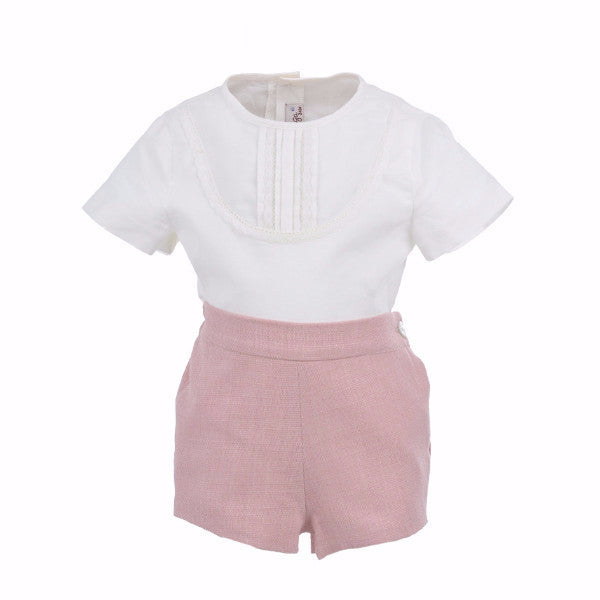 Conjunto bebé niño liso salmón y blusa beige de La Ormiga.