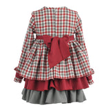 Vestido niña cuadros burdeos  y volantes de La Ormiga.