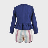 conjunto niña blusa y short rayas mostazas y marino