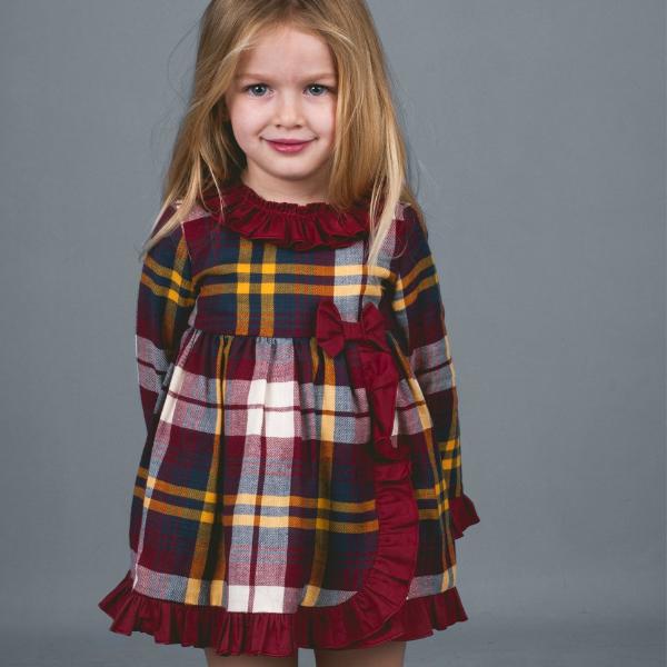 VESTIDO BEBE CUADROS BURDEOS Y MOSTAZAS LA ORMIGA