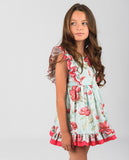 Vestido Niña Fondo Verde Flor Grosella Marca La Ormiga