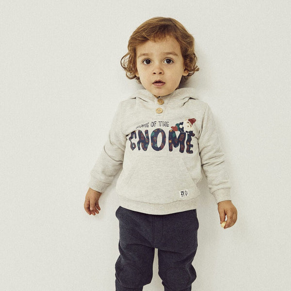 SUDADERA CON CAPUCHA DE ALGODÓN PARA BEBÉ NIÑO 'GNOMO', GRIS
