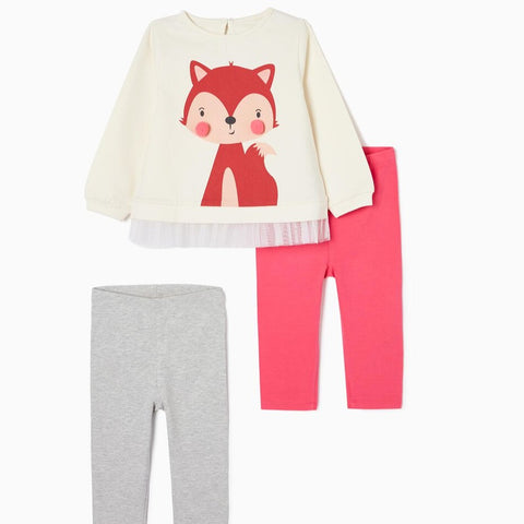 CAMISETA + 2 LEGGINGS DE ALGODÓN PARA BEBÉ NIÑA, MULTICOLOR