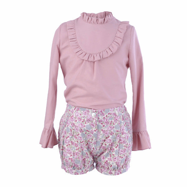 Conjunto niña blusa y short flor rosa y gris de la ormiga