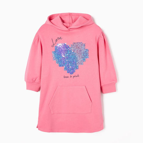 VESTIDO SUDADERA DE ALGODÓN PARA NIÑA "LOVE", ROSA