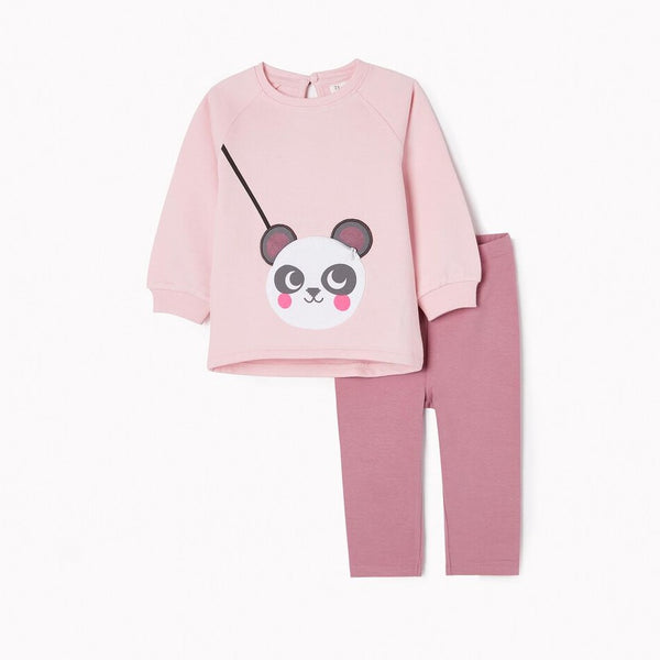CONJUNTO DE 2 PRENDAS DE ALGODÓN PARA BEBÉ NIÑA 'PANDA', ROSA