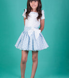 Conjunto niña de blusa y falda de lunares celeste de La Ormiga.