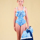 Trikini celeste y blanco con encaje de la marca LaOrmiga.