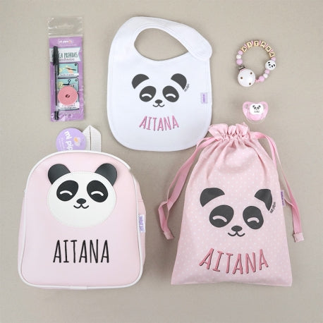 Pack Vamos al Cole personalizado Panda Rosa + Regalo Marcaprendas