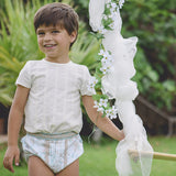 Conjunto bebé niño verde agua y camel de La Ormiga.