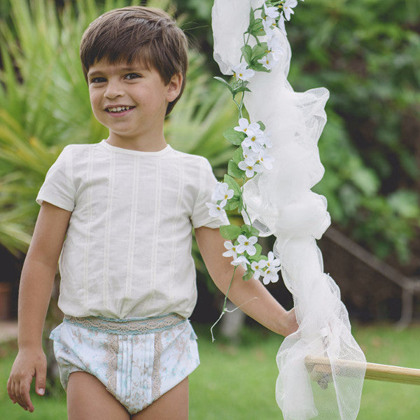 Conjunto bebé niño verde agua y camel de La Ormiga.